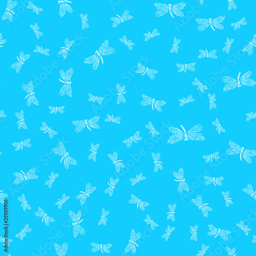 Dragonfly seamless hand outline. Pattern with dragonfly seamless hand outline isolated on blue background