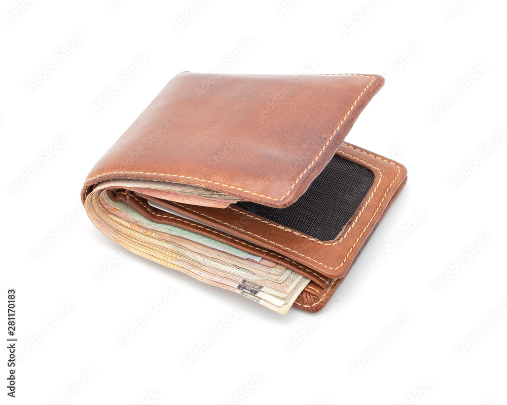 brown wallet with money isolated on white background. brown wallet with money isolated on white background.