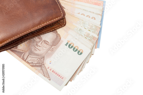 brown wallet on bank isolated on white background.