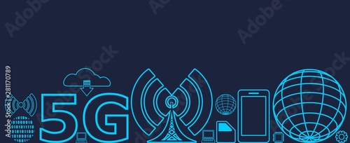 Mobile gadgets technology relative vector image. Web banner with technology thin line icons. 5G Network Symbol.