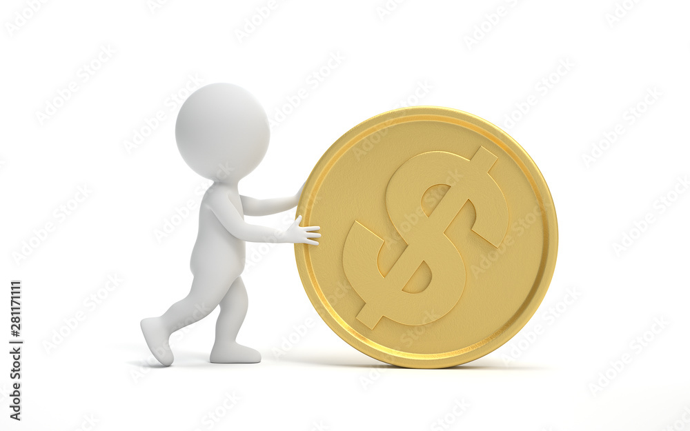 A man is rolling a golden dollar coin. Earning, saving and investing money concept.  3d rendering,conceptual image.