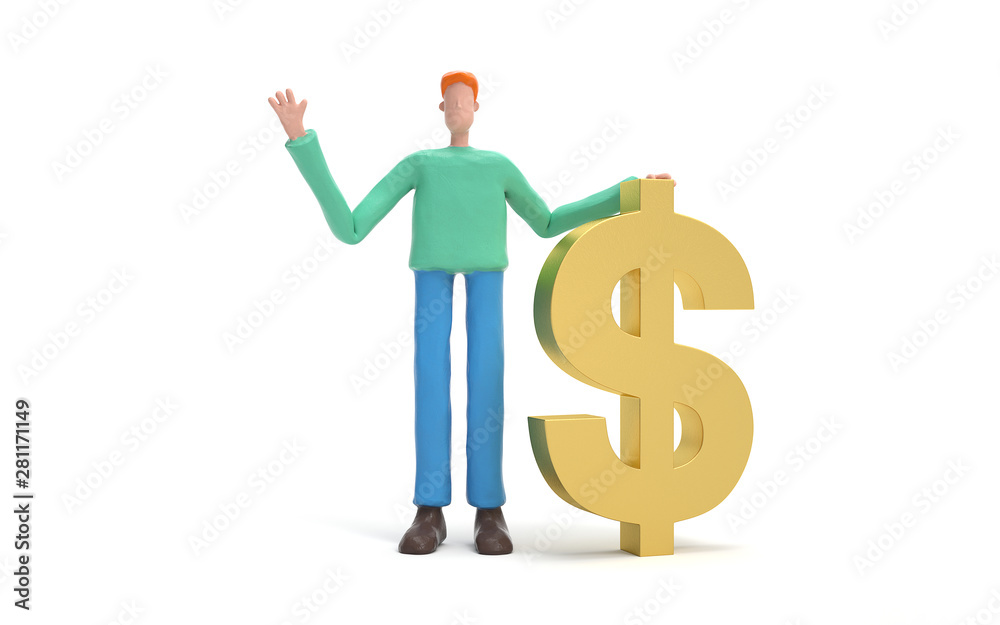 A man standing with a golden dollar symbol. Earning, saving and investing money concept. 3d rendering,conceptual image. A man standing with a golden dollar symbol. Earning, saving and investing money concept. 3d rendering,conceptual image.