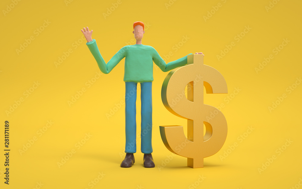 A man standing with a golden dollar symbol. Earning, saving and investing money concept.  3d rendering,conceptual image.