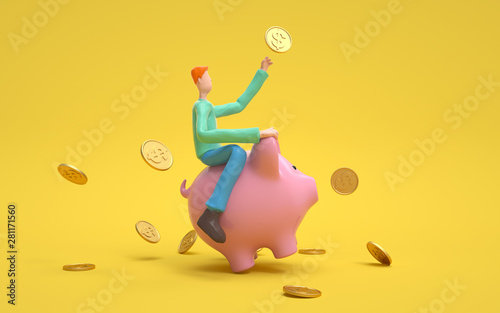 A man sitting on a piggy bank. Earning, saving and investing money concept.  3d rendering,conceptual image. photo