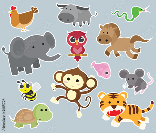 Big set isolated animals. Vector collection funny animals.