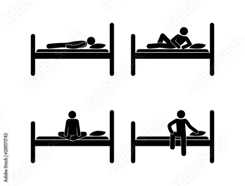 man lying on the bed, stick figure pictogram, human silhouette, illustration of people in the bedroom