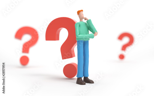 A man thinking with a question mark,looking for a solution.decision and problem concept. 3d rendering,conceptual image.