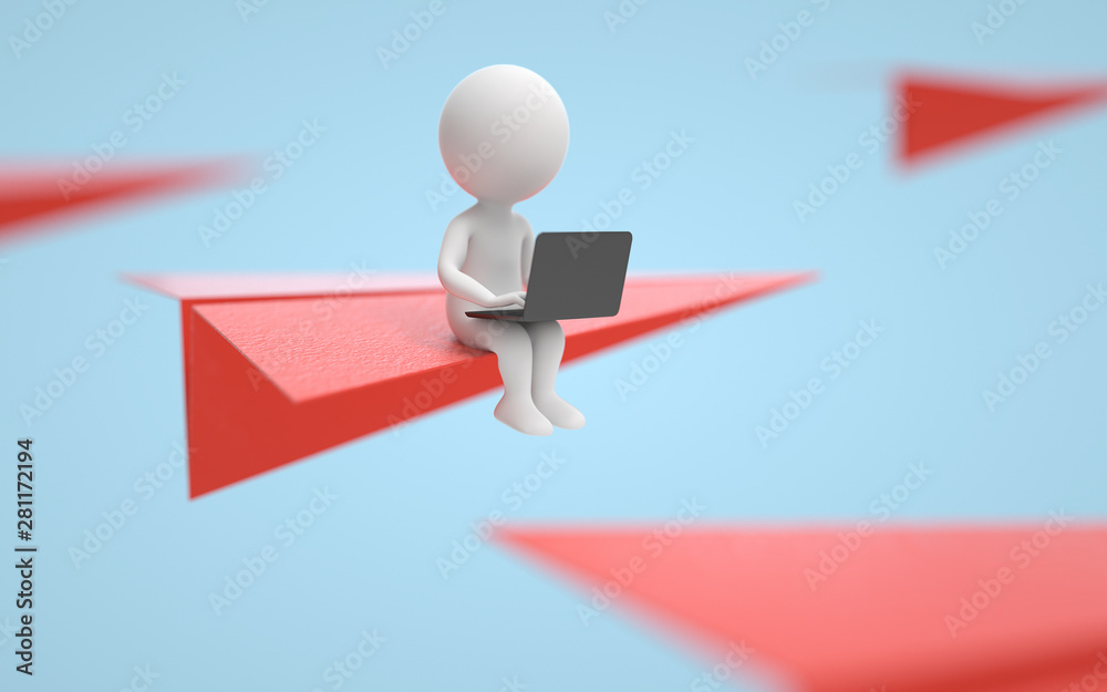 A man sitting on the paper airplanes. Competition and success concept. 3d rendering,conceptual image. A man sitting on the paper airplanes. Competition and success concept. 3d rendering,conceptual image.