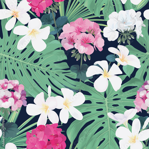 Seamless tropical plumeria flowers with geranium and palm leaves background. Vector set of blooming floral for holiday invitations, greeting card and fashion design.