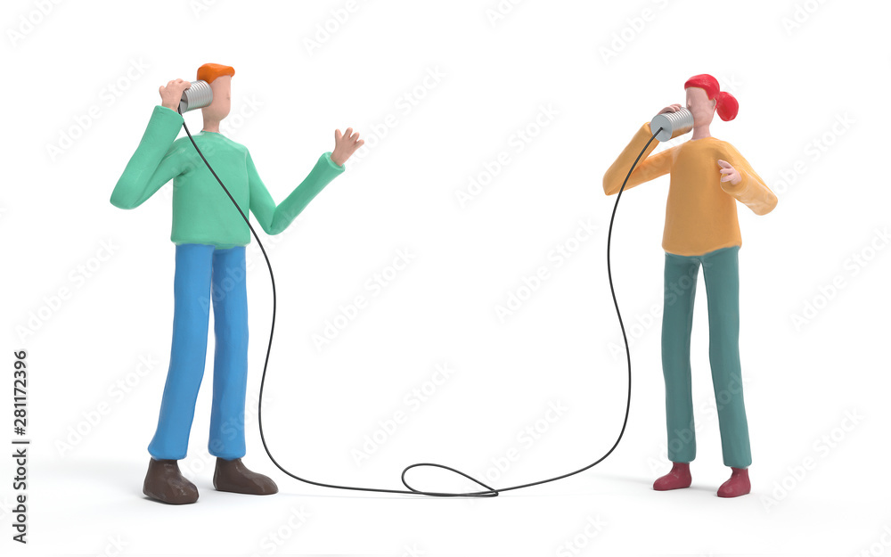 Two man communicating to each other using tin can phone.  communication and technology concept. 3d rendering,conceptual image. - obrazy, fototapety, plakaty 
