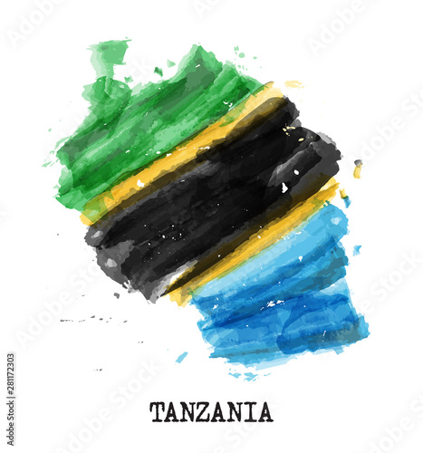 Tanzania flag watercolor painting design . Country map shape . Vector