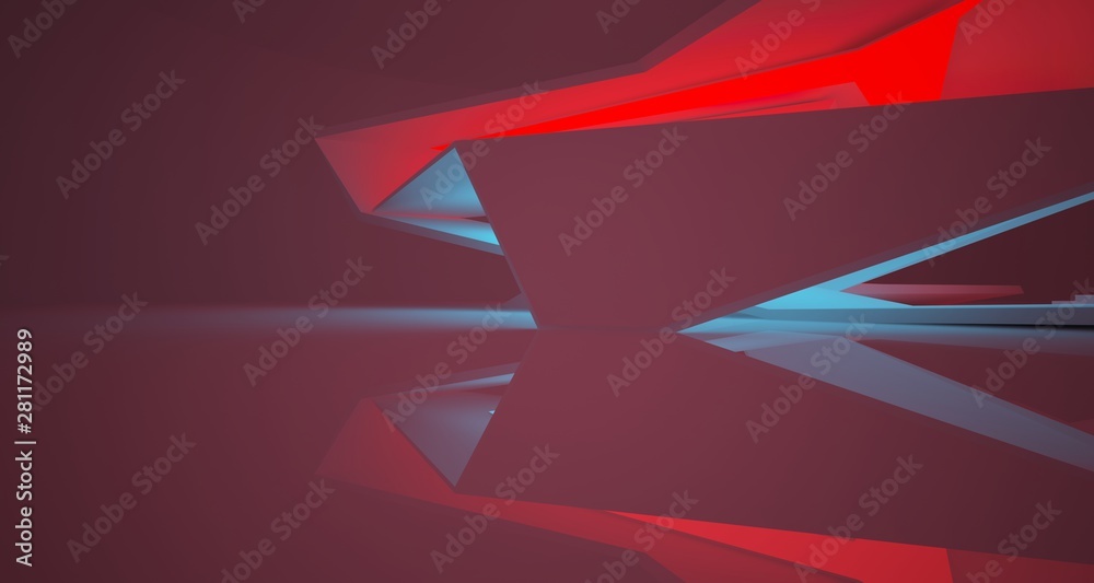 Abstract architectural white interior of a minimalist house with color gradient neon lighting. 3D illustration and rendering.