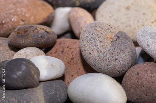 piedras peque  as de colores con desgaste de playa hermosa  con algunos caracoles marinos y sedimentos 