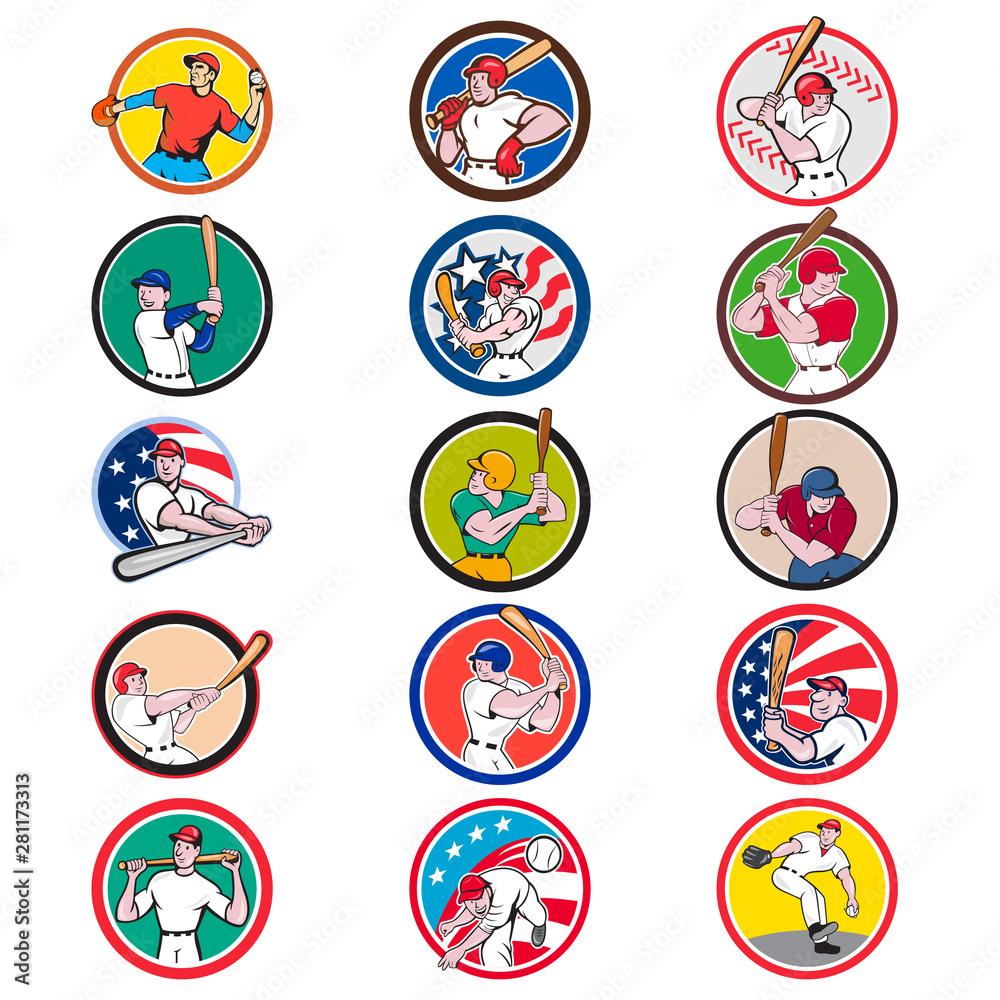 Collection of icon illustration of cartoon character American baseball player, pitcher or batter, batting, pitching or throwing ball set inside circle isolated on white background. Collection of icon illustration of cartoon character American baseball player, pitcher or batter, batting, pitching or throwing ball set inside circle isolated on white background.