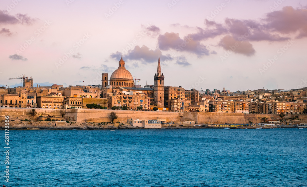 Valletta city, Malta, skyline from Marsans Harbour at sunset