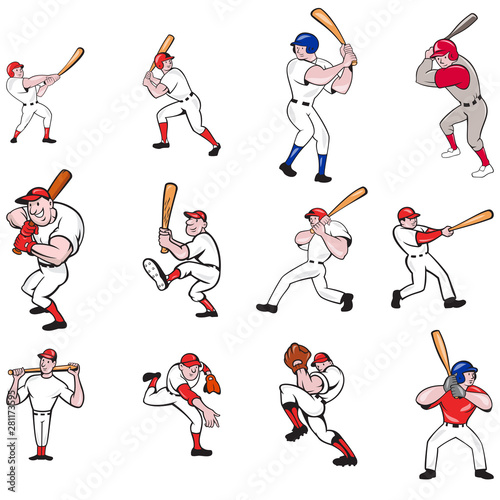 Set or collection illustration of American baseball player, pitcher or batter, batting, pitching or throwing ball cartoon style isolated on white background.