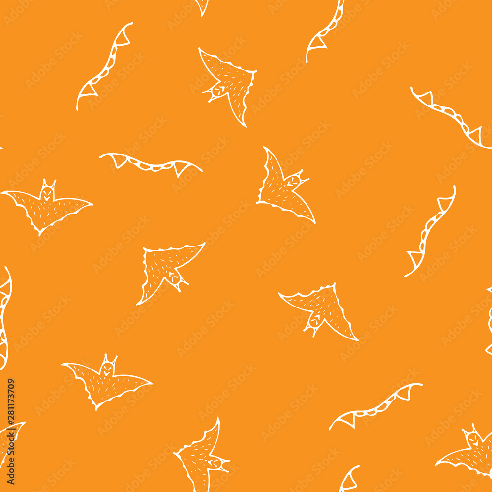 Obraz premium Bat and teeth seamless Halloween outline in the abstract style. Black bat and teeth seamless Halloween outline on orange background. Holiday decoration. Line vector. Doodle wallpaper. Wildlife set