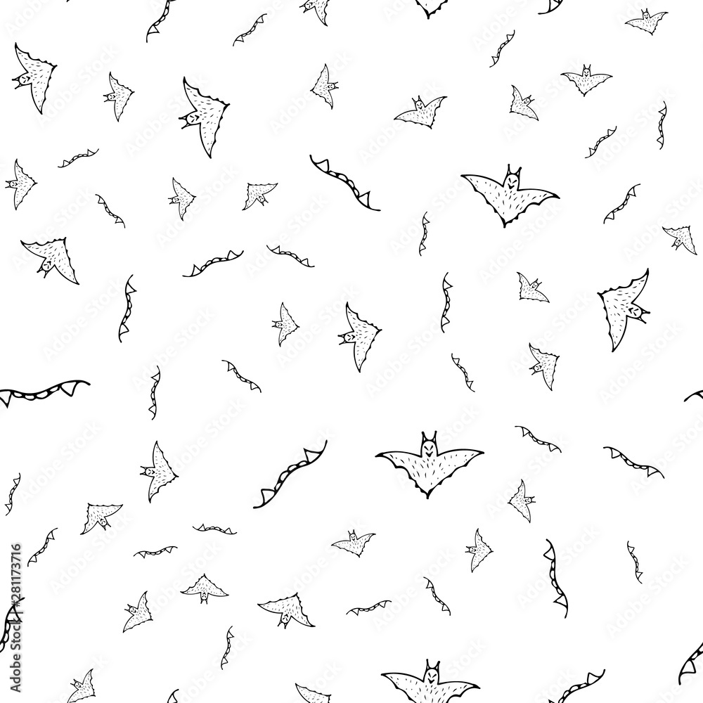 Bat and teeth seamless Halloween outline in the abstract style. Black bat and teeth seamless Halloween outline on white background. Holiday decoration. Line vector. Doodle wallpaper. Wildlife set Bat and teeth seamless Halloween outline in the abstract style. Black bat and teeth seamless Halloween outline on white background. Holiday decoration. Line vector. Doodle wallpaper. Wildlife set