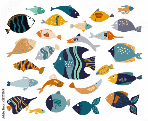 Fish collection with different decorative items isolated on white