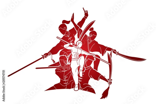 Group of People Kung fu pose, Martial arts with weapons action cartoon graphic vector.
