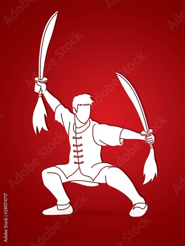 Kung Fu, Wushu with sword spose cartoon graphic vector