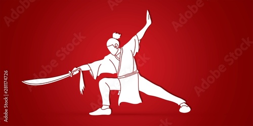 Kung Fu, Wushu with sword spose cartoon graphic vector