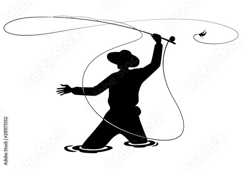 Fisherman in action. Guy is throwing spoon of fly rod in water and holding part of it in hand.