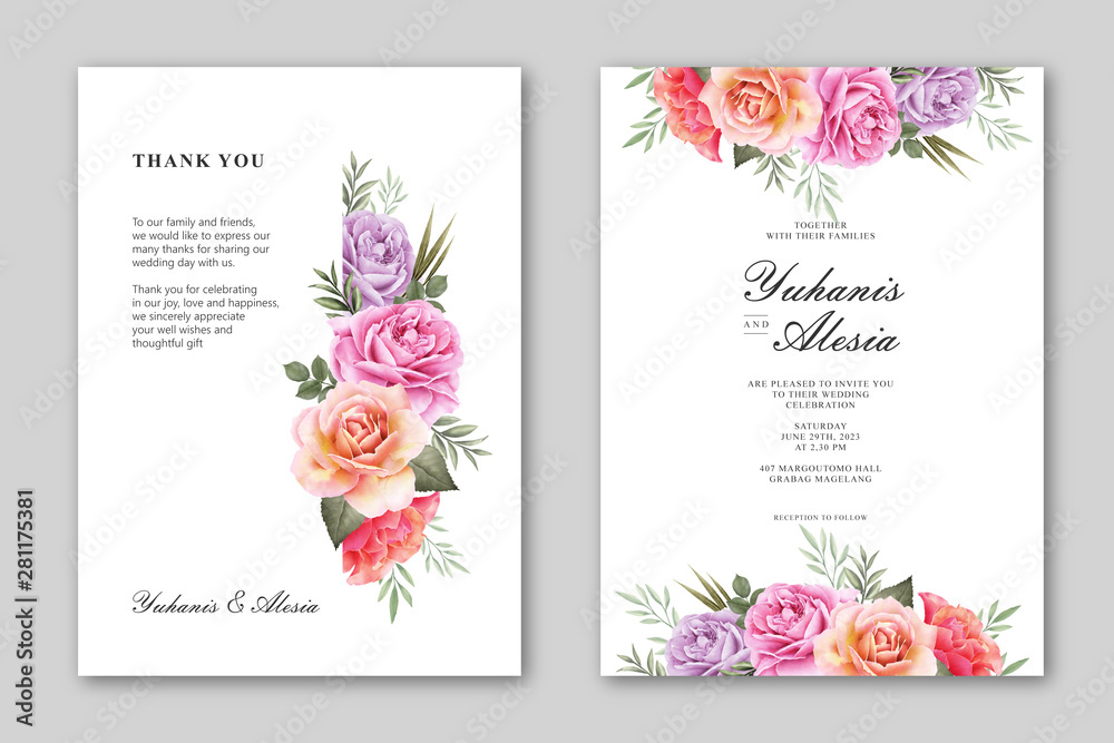 Beautiful wedding invitation card with floral frame watercolor