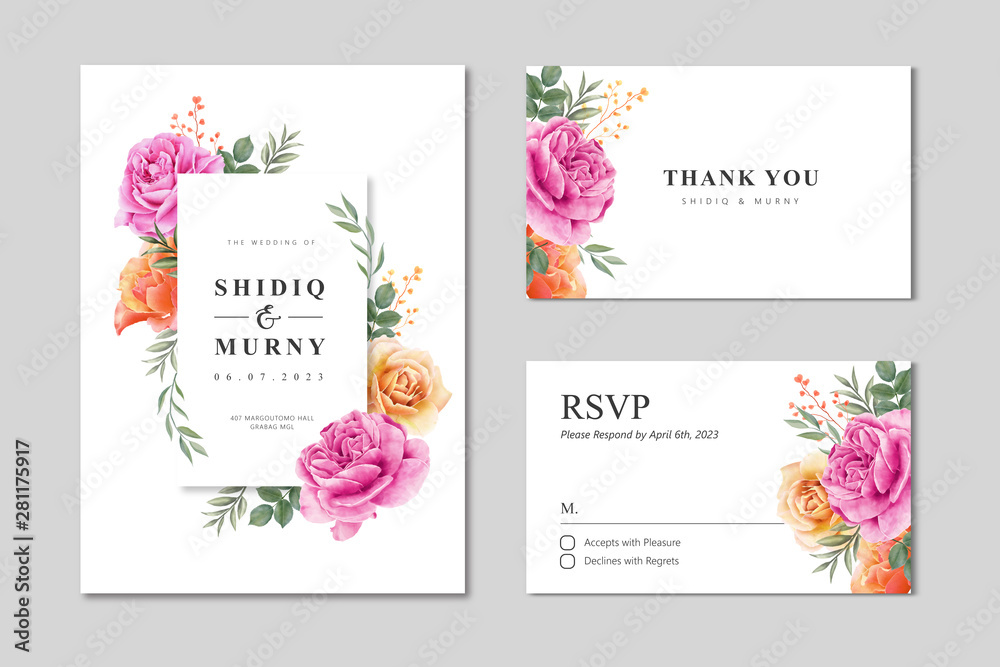 Wedding card set template with floral frame watercolor