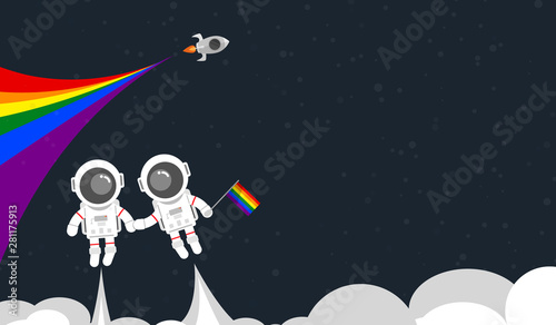 Flat design, Couple Astronaut hold one's hands and holding rainbow flag float on the space with rocket, PRIDE, sexual orientation, LGBT movement concept, Vector illustration, Infographic Element