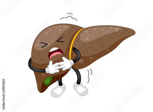 Unhealthy liver cartoon character. Internal organ requires care or medical treatment due to disease or impact of adverse on health. health care concept. Vector illustration.