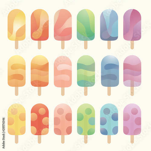 Ice cream sticks on pastel color, rainbow colored fruity collection,  cold fresh snack summer holiday dessert, vector