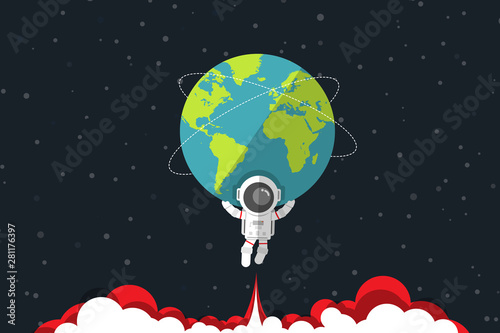 Flat design, Astronaut carrying Earth on his shoulder and below has jet engine red smoke, Vector illustration, Infographic Element