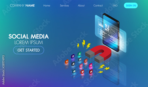 Social media marketing isometric web banner.Magnet marketing advertising info concept.Vector website template with 3d illustrator strategy, line art, landing page.