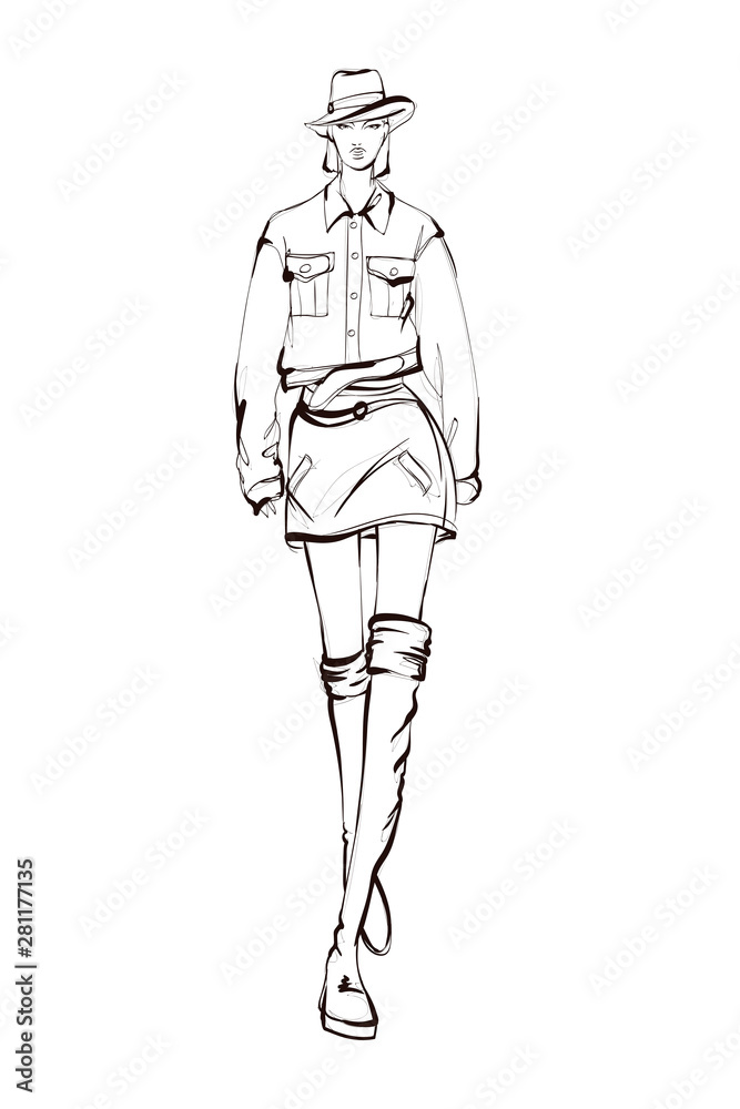 Obraz premium Beautiful young women. Hand drawn fashion girls of black lines on white background. Fashion model posing. Sketch. Vector illustration.