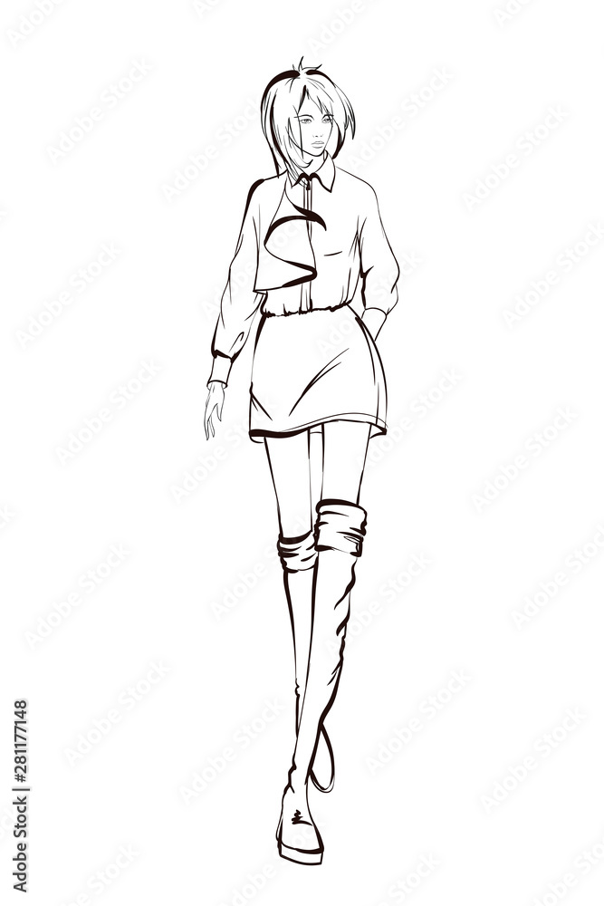 Beautiful young women. Hand drawn fashion girls of black lines on white background. Fashion model posing. Sketch. Vector illustration. Beautiful young women. Hand drawn fashion girls of black lines on white background. Fashion model posing. Sketch. Vector illustration.