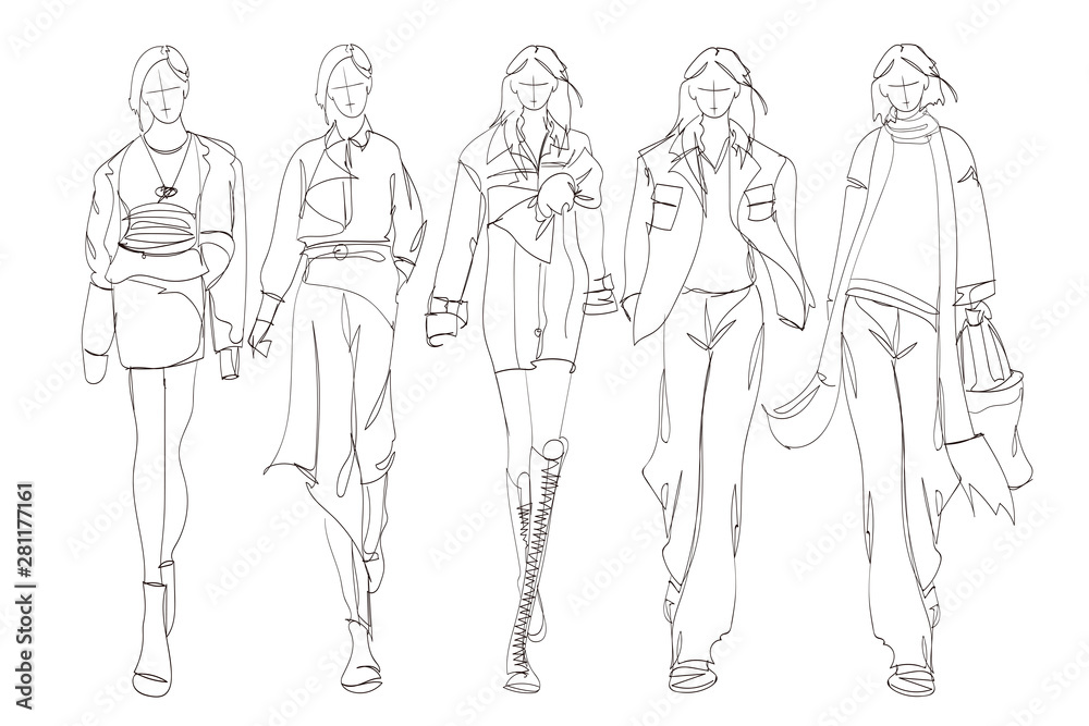 Beautiful young womens. Hand drawn fashion girls. Fashion model posing. Sketch. Vector illustration set.
