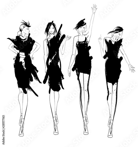Beautiful young womens. Hand drawn fashion girls. Fashion model posing. Sketch. Vector illustration set.