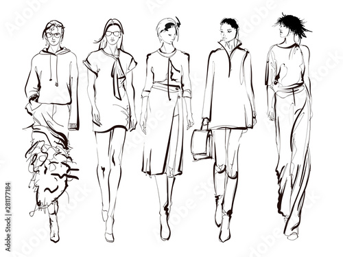 Beautiful young womens. Hand drawn fashion girls. Fashion model posing. Sketch. Vector illustration set.