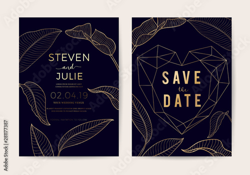 Luxury Natural Wedding invite Card for summer and spring seasons. Design With gold leaves minimal style decoration. Vector