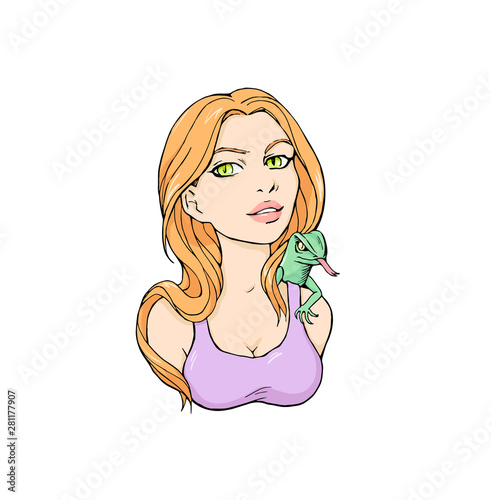 Colorful illustration of woman with lizard in comics style