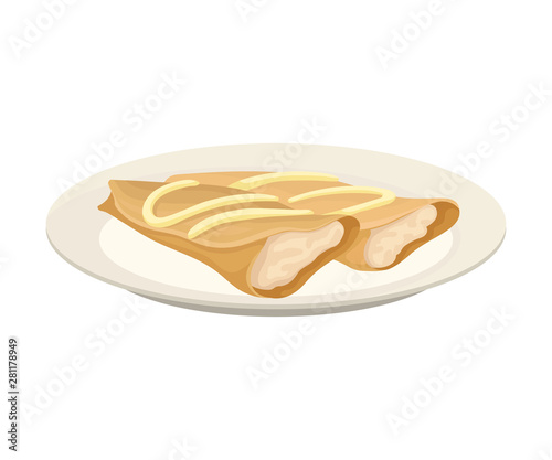 Two pancakes in the shape of a roll with a white filling. Vector illustration on white background.