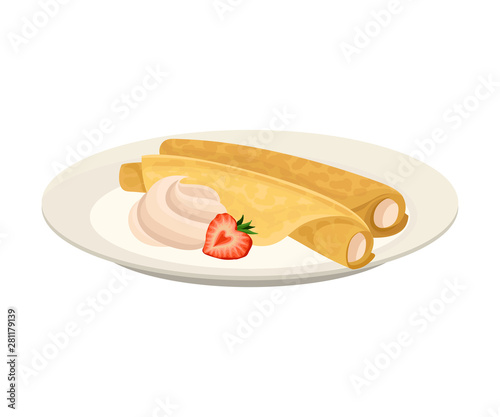Roll of pancakes with sour cream. Vector illustration on white background.