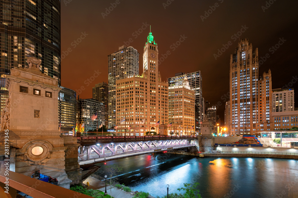 Chicago at night. Cityscape of Chicago City and river with Du Sable bridge t night, Chicago, Illinois, USA. Chicago at night. Cityscape of Chicago City and river with Du Sable bridge t night, Chicago, Illinois, USA.