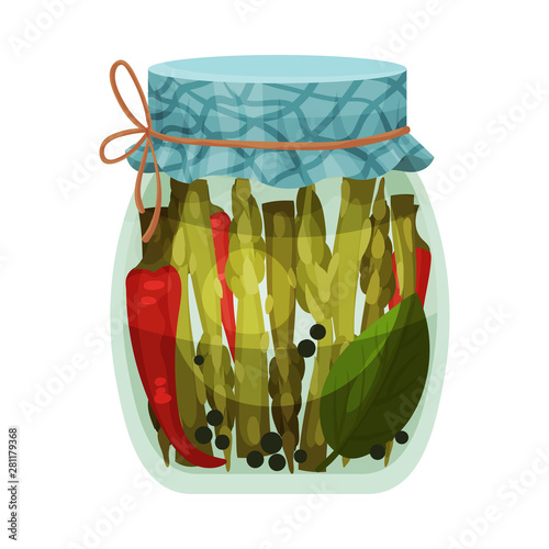 Jar of asparagus and pepper. Vector illustration on white background.