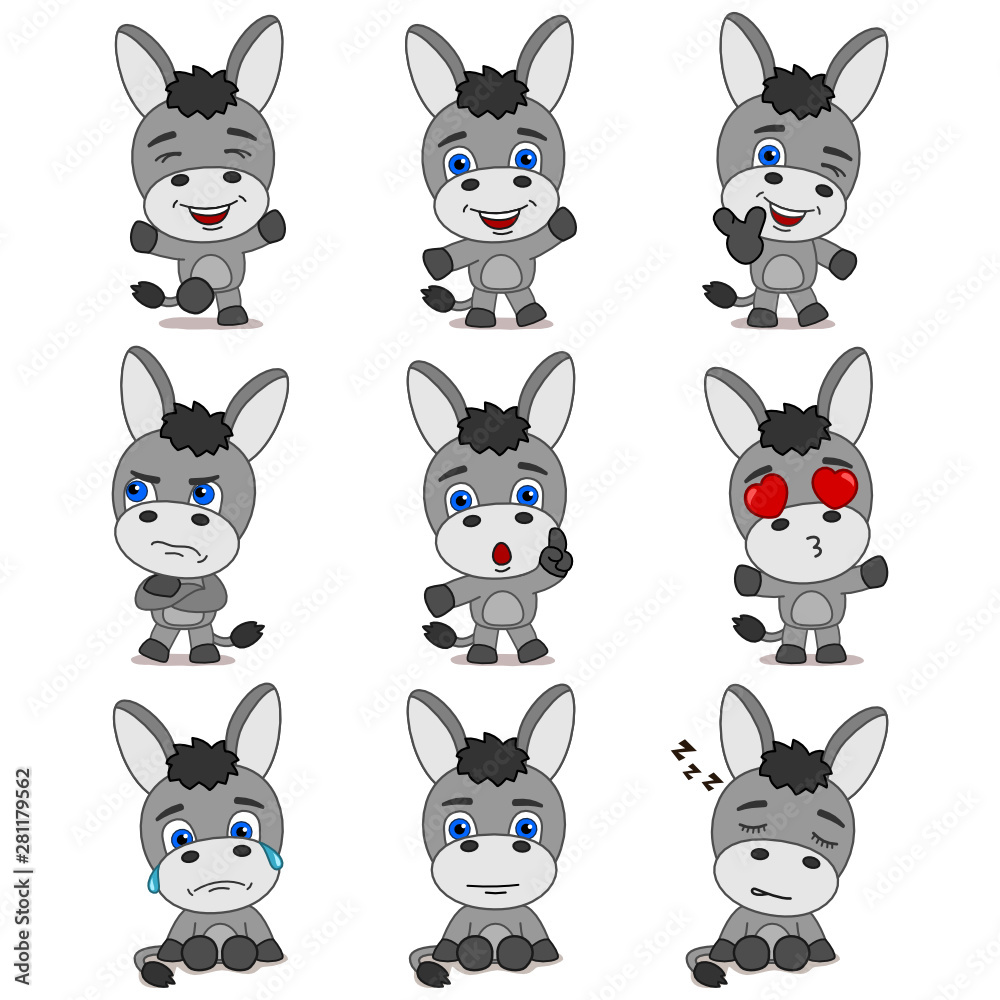 Collection of funny donkey in cartoon style in different poses isolated on white background