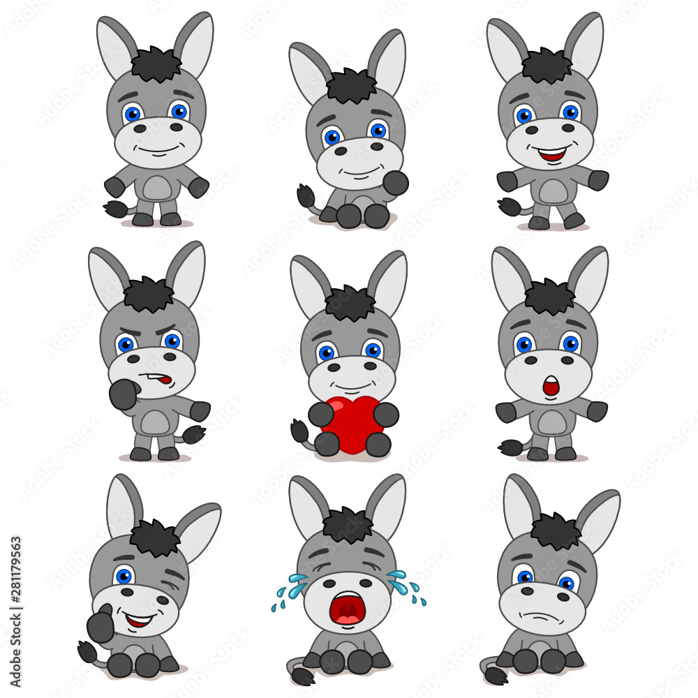 Set of funny donkey in different poses and emotions isolated on white background