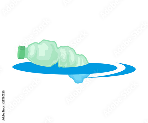 Crumpled plastic bottle floats in water. Vector illustration on white background.