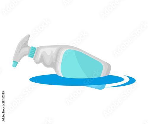 Plastic bottle from under household chemicals floats in water. Vector illustration on white background.