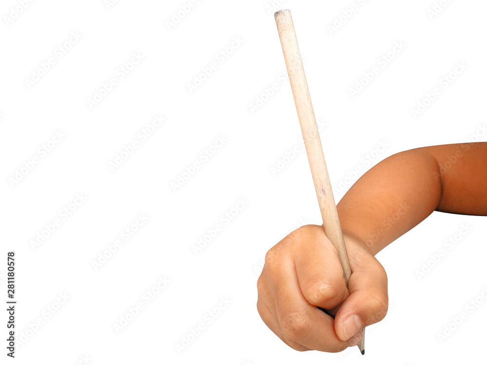 Girl child hand holding pencil on white background Girl child hand holding pencil on white background